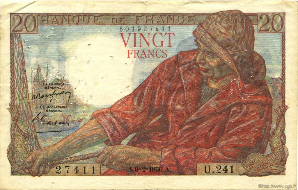 20 Francs PÊCHEUR FRANCE  1950 F.13.17 VF-