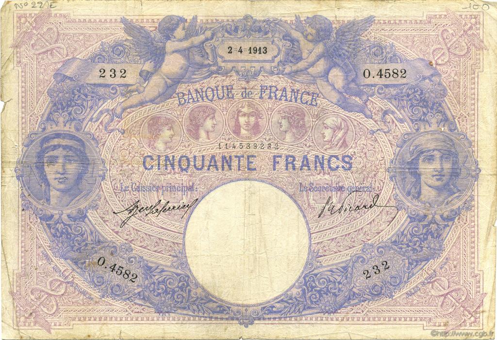 50 Francs BLEU ET ROSE FRANKREICH  1913 F.14.26 S