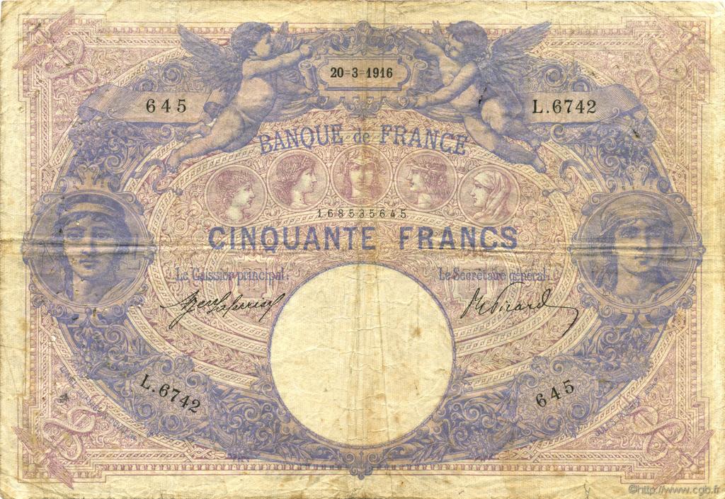 50 Francs BLEU ET ROSE FRANKREICH  1916 F.14.29 SGE