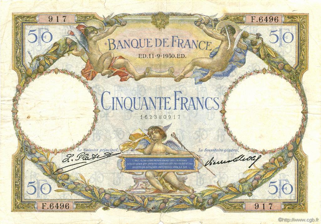 50 Francs LUC OLIVIER MERSON type modifié FRANCIA  1930 F.16.01 q.MB