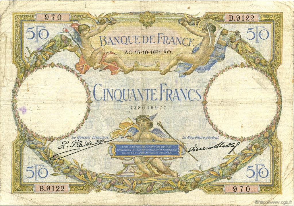 50 Francs LUC OLIVIER MERSON type modifié FRANCIA  1931 F.16.02 q.MB