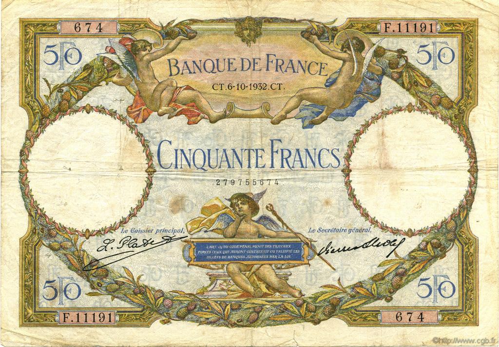 50 Francs LUC OLIVIER MERSON type modifié FRANCIA  1932 F.16.03 BC