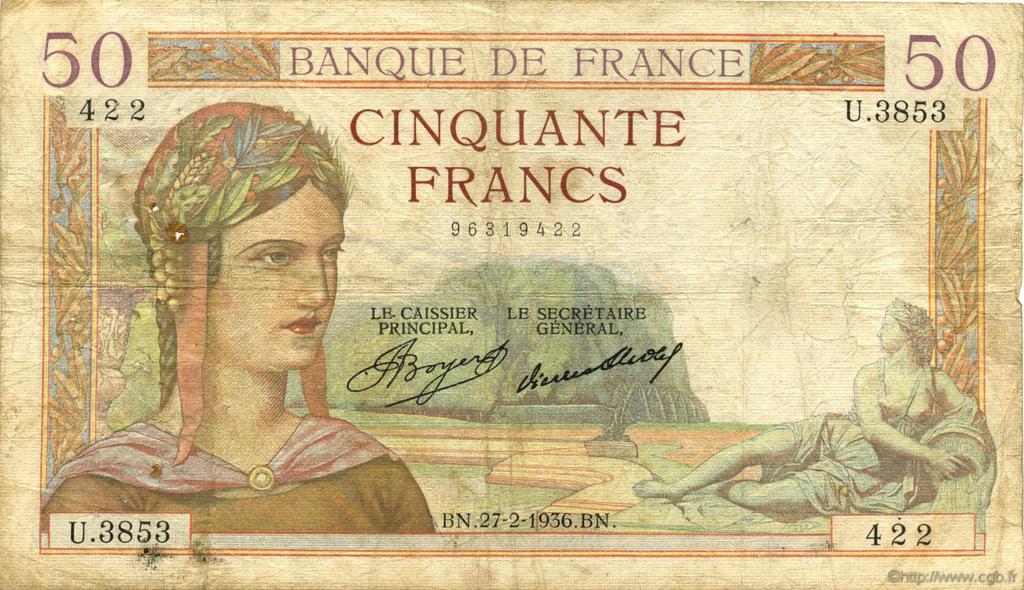 50 Francs CÉRÈS FRANCIA  1936 F.17.22 q.MB
