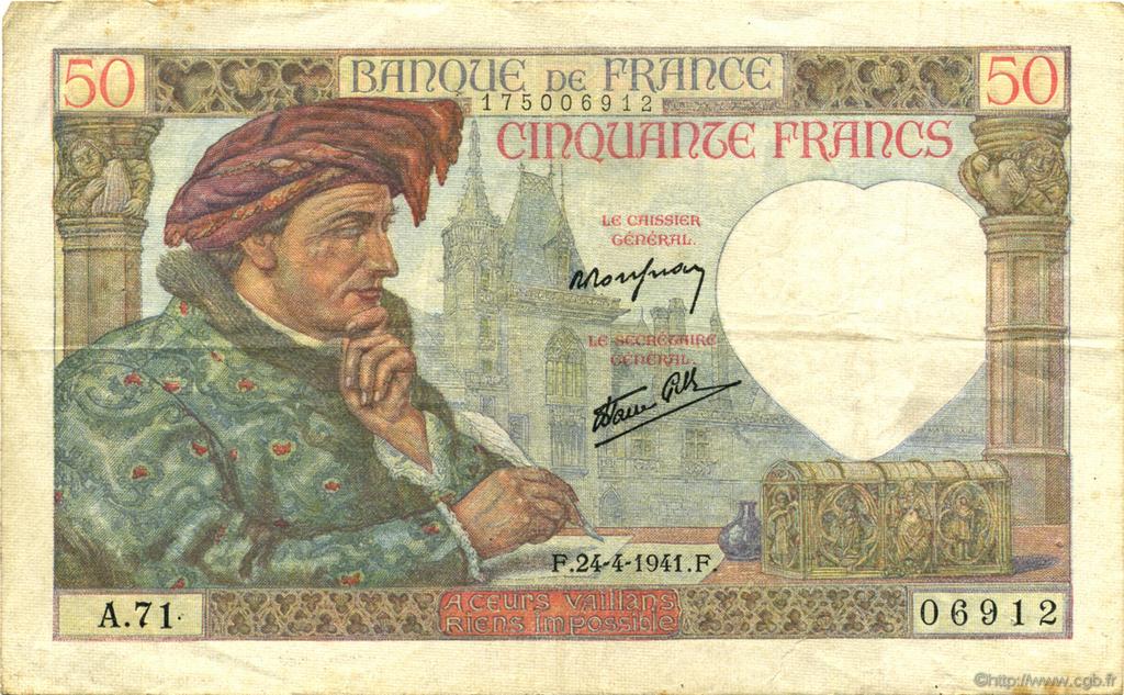 50 Francs JACQUES CŒUR FRANCE  1941 F.19.09 VF+