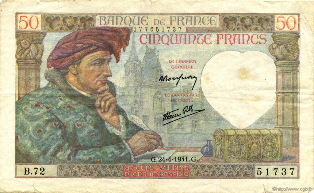 50 Francs JACQUES CŒUR FRANCE  1941 F.19.09 VF