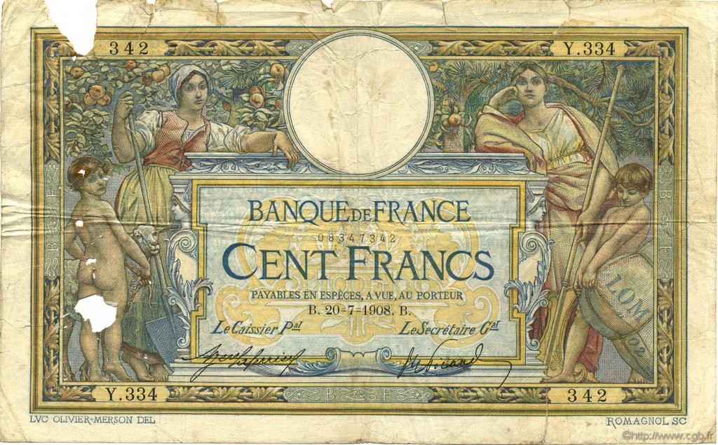 100 Francs LUC OLIVIER MERSON avec LOM FRANCIA  1908 F.22.01 q.B