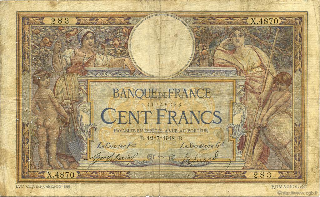 100 Francs LUC OLIVIER MERSON sans LOM FRANKREICH  1918 F.23.10 SGE