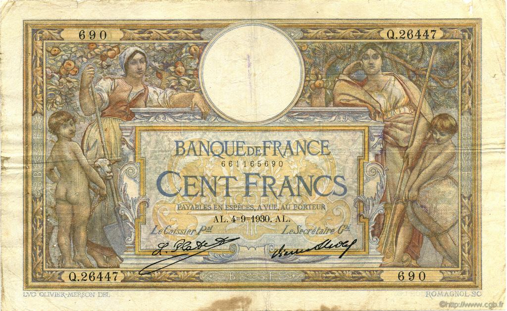 100 Francs LUC OLIVIER MERSON grands cartouches FRANCIA  1930 F.24.09 q.MB
