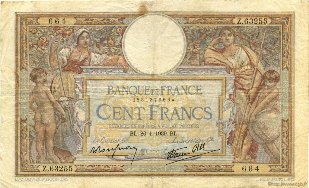 100 Francs LUC OLIVIER MERSON type modifié FRANCIA  1939 F.25.40 MB