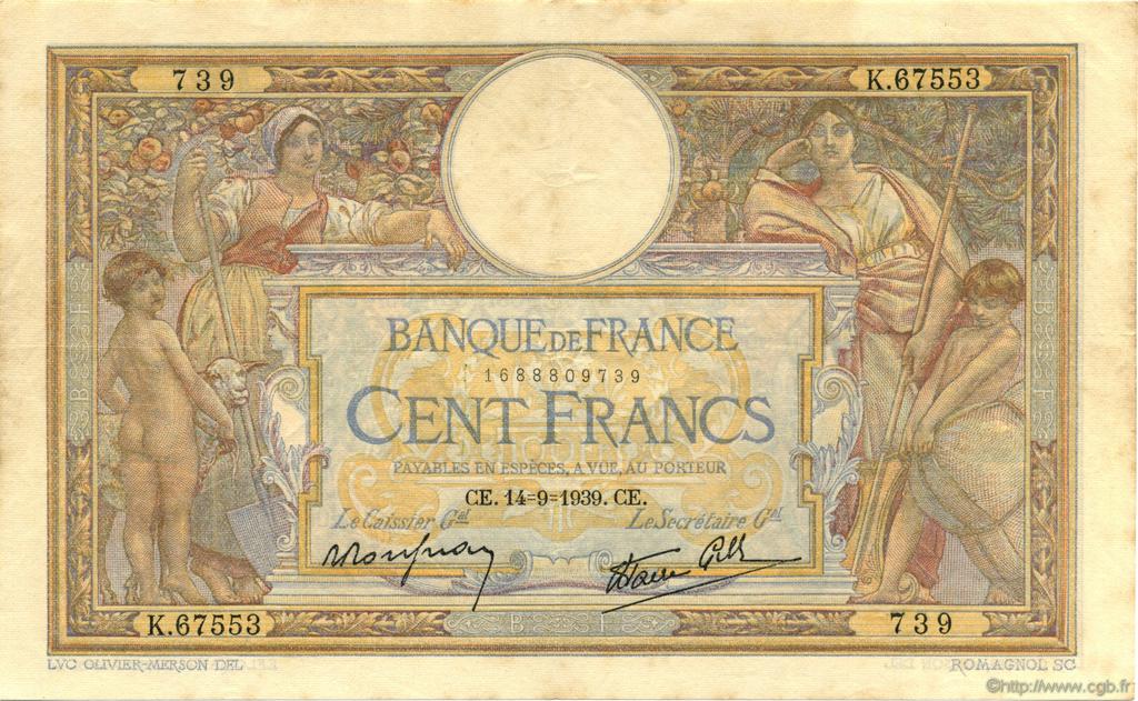 100 Francs LUC OLIVIER MERSON type modifié FRANCIA  1939 F.25.49 MBC a EBC