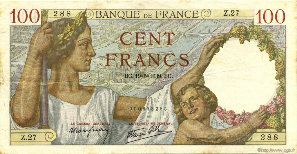 100 Francs SULLY FRANKREICH  1939 F.26.01 fVZ