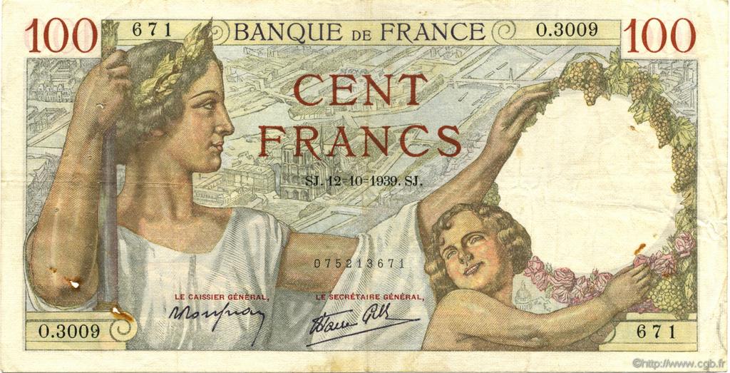 100 Francs SULLY FRANCE  1939 F.26.10 F - VF