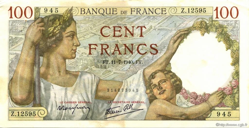 100 Francs SULLY FRANKREICH  1940 F.26.33 SS to VZ