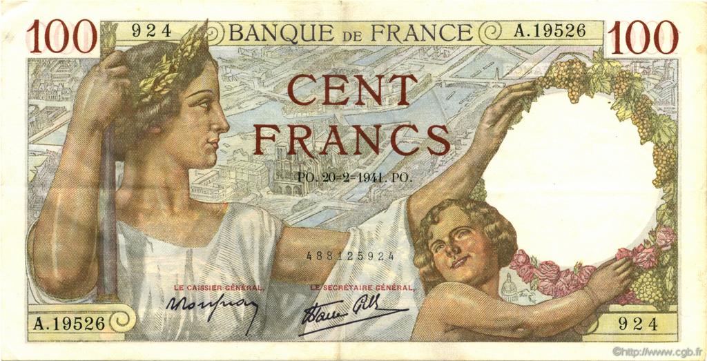 100 Francs SULLY FRANCE  1941 F.26.47 XF