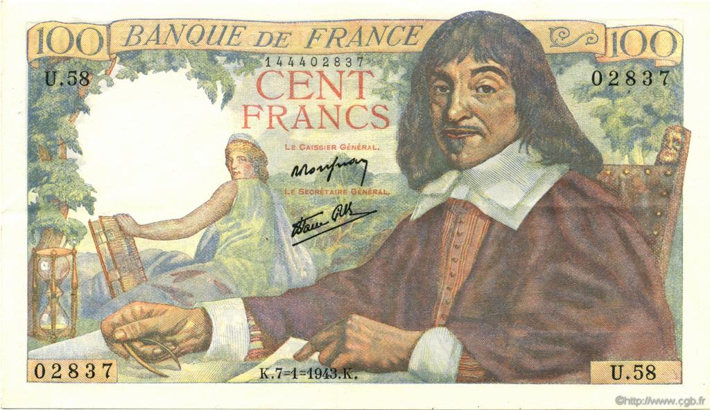 100 Francs DESCARTES FRANCE  1943 F.27.03 XF