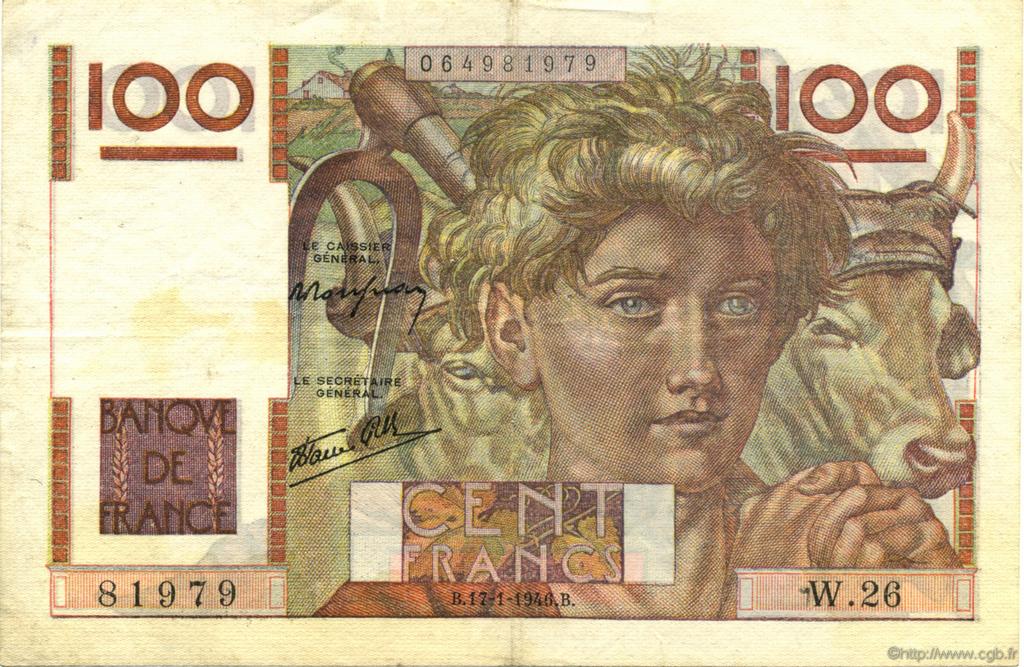 100 Francs JEUNE PAYSAN FRANKREICH  1946 F.28.02 fVZ