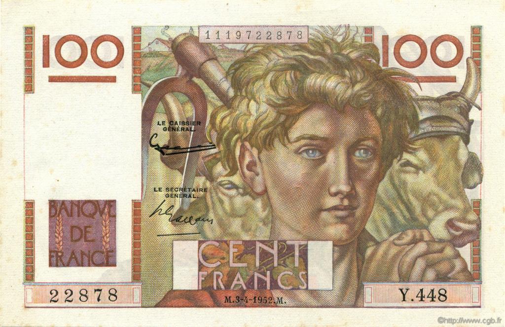 100 Francs JEUNE PAYSAN FRANKREICH  1952 F.28.32 fST