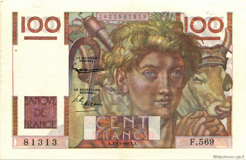 100 Francs JEUNE PAYSAN FRANCE  1953 F.28.40 XF