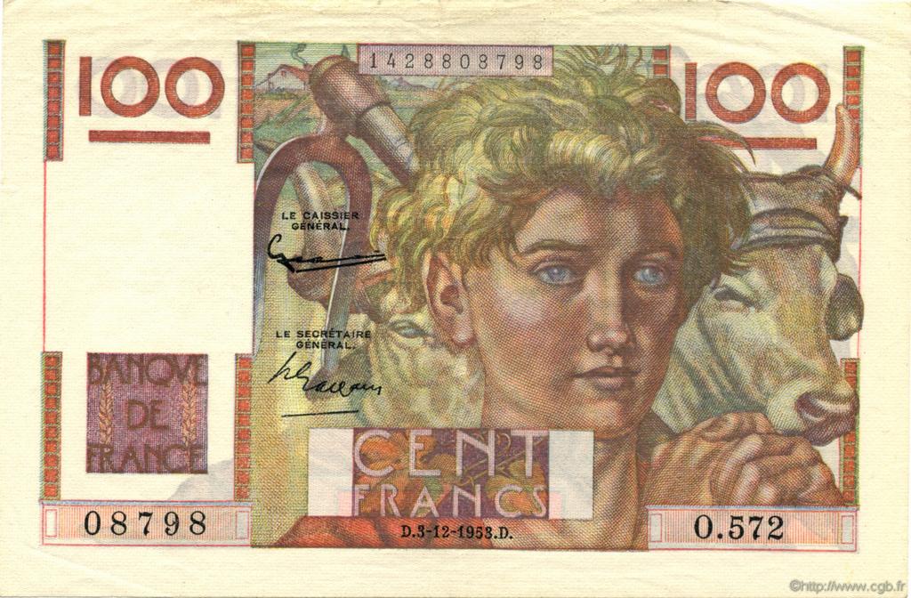 100 Francs JEUNE PAYSAN FRANKREICH  1953 F.28.40 VZ+