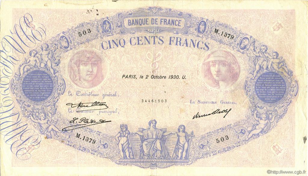 500 Francs BLEU ET ROSE FRANCIA  1930 F.30.33 BC+