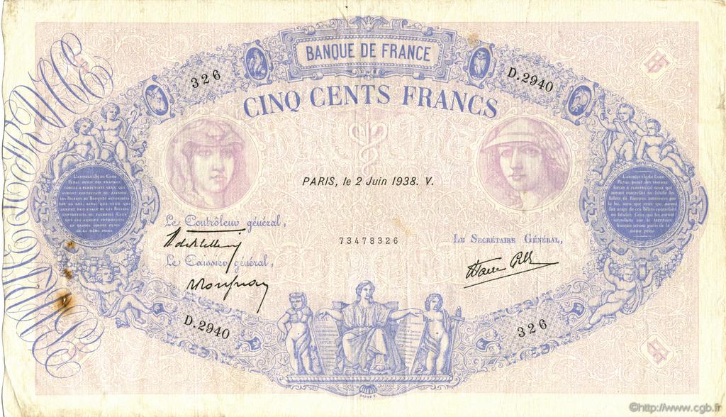500 Francs BLEU ET ROSE modifié FRANCIA  1938 F.31.13 q.BB
