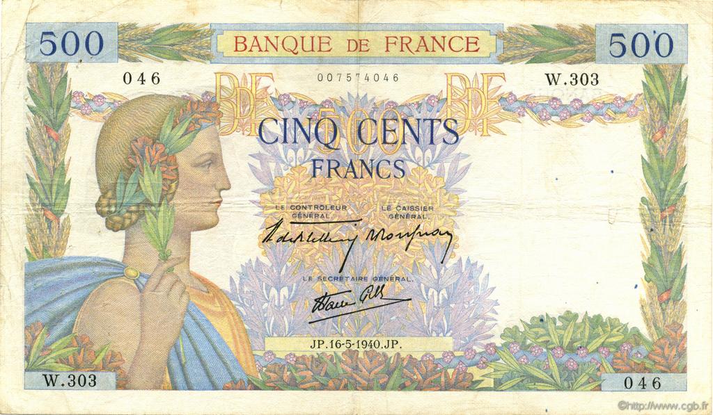 500 Francs LA PAIX FRANCE  1940 F.32.02 F - VF