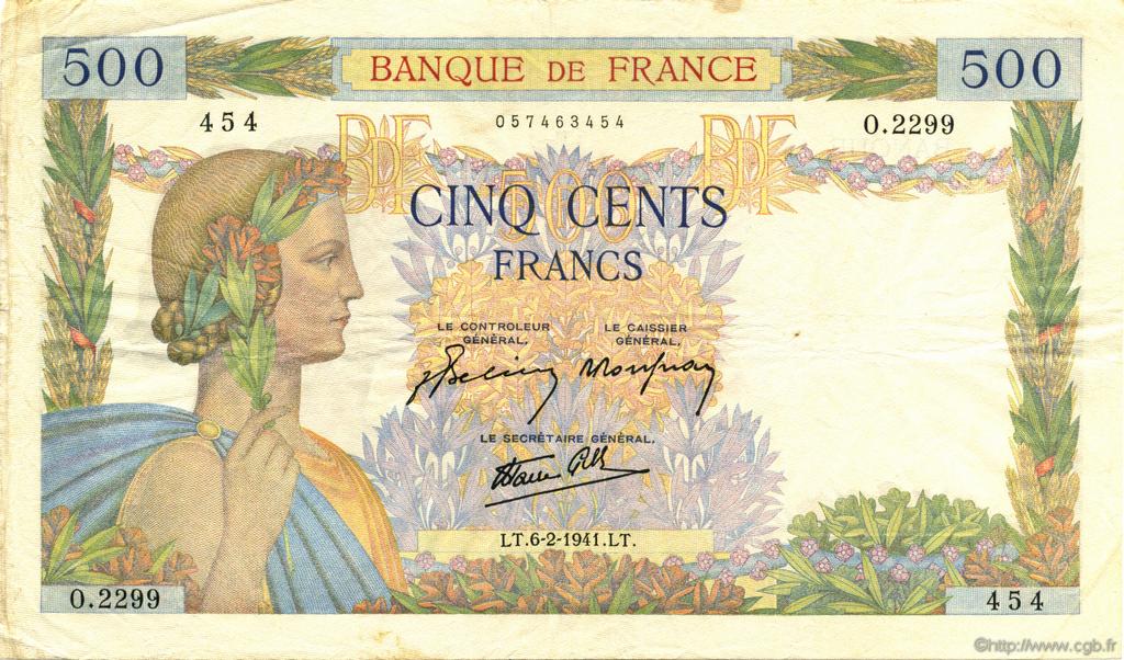 500 Francs LA PAIX FRANCE  1941 F.32.14 VF+