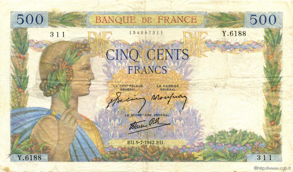 500 Francs LA PAIX FRANCE  1942 F.32.36 F+