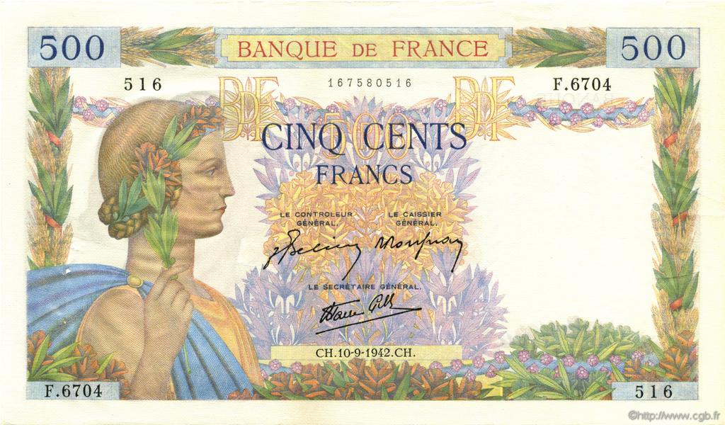500 Francs LA PAIX FRANCIA  1942 F.32.40 EBC