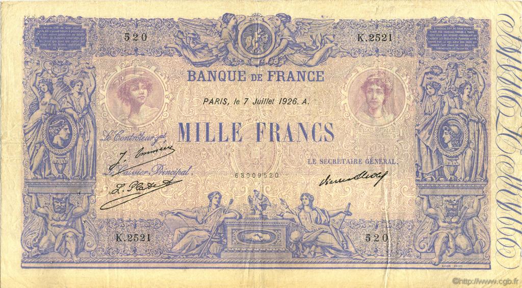 1000 Francs BLEU ET ROSE FRANCE  1926 F.36.43 F - VF