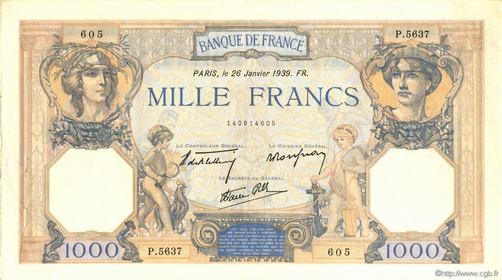1000 Francs CÉRÈS ET MERCURE type modifié FRANCE  1939 F.38.33 XF+