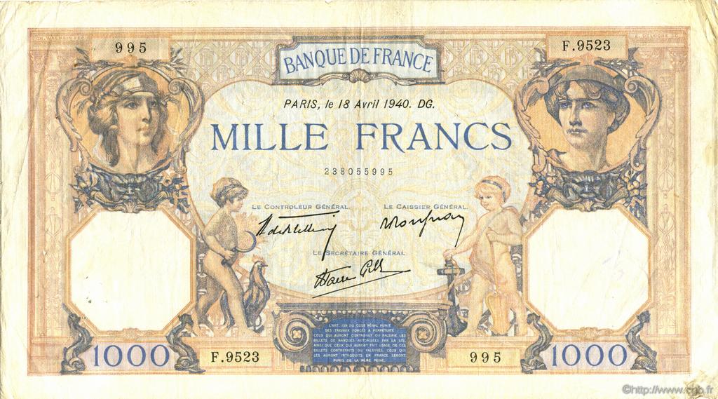 1000 Francs CÉRÈS ET MERCURE type modifié FRANKREICH  1940 F.38.46 fSS