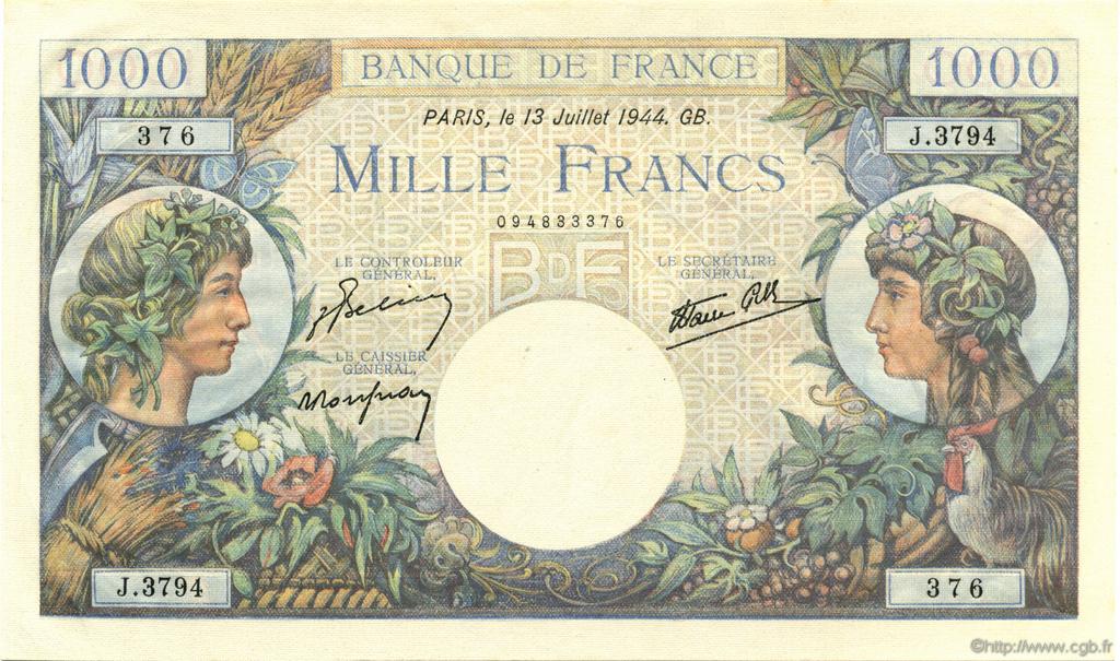 1000 Francs COMMERCE ET INDUSTRIE FRANCE  1944 F.39.11 UNC-