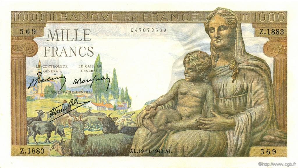 1000 Francs DÉESSE DÉMÉTER FRANCE  1942 F.40.11 UNC