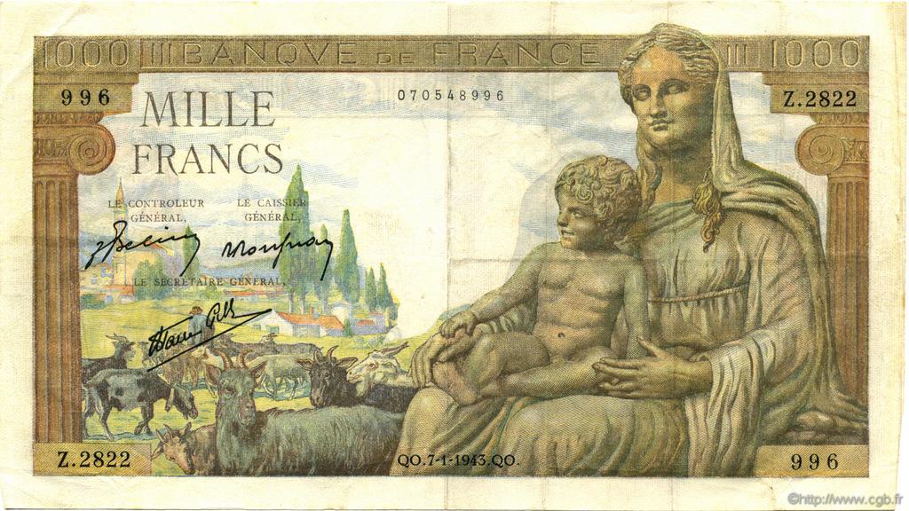 1000 Francs DÉESSE DÉMÉTER FRANCE  1943 F.40.15 TTB+