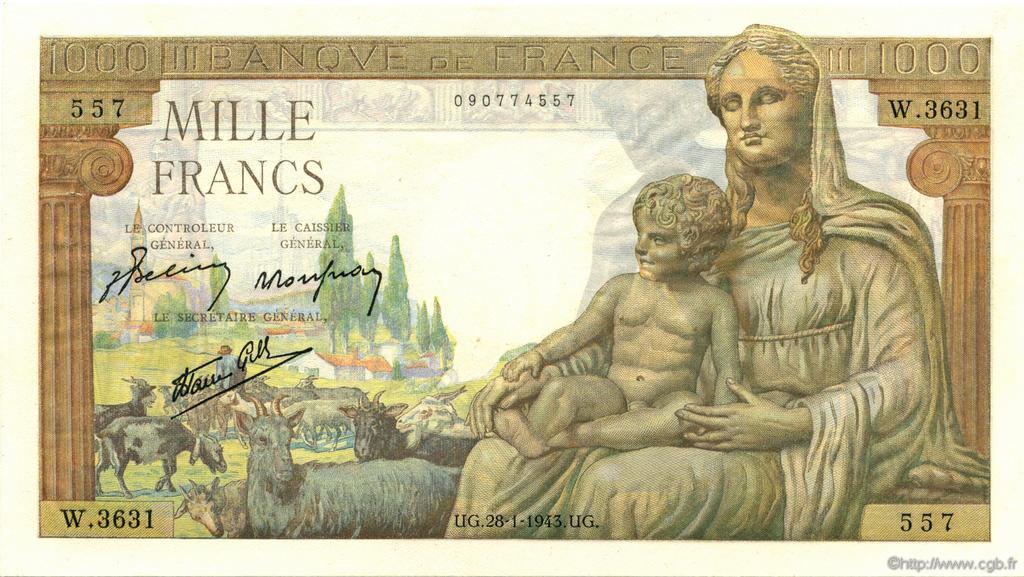 1000 Francs DÉESSE DÉMÉTER FRANKREICH  1943 F.40.17 VZ+