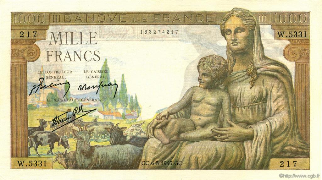 1000 Francs DÉESSE DÉMÉTER FRANKREICH  1943 F.40.23 VZ+
