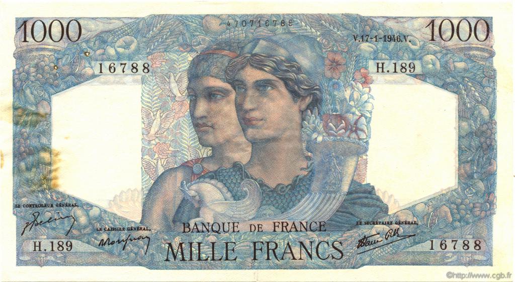 1000 Francs MINERVE ET HERCULE FRANCE  1946 F.41.10 VF - XF