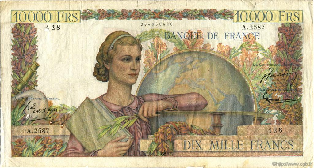 10000 Francs GÉNIE FRANÇAIS FRANCE  1952 F.50.57 VG