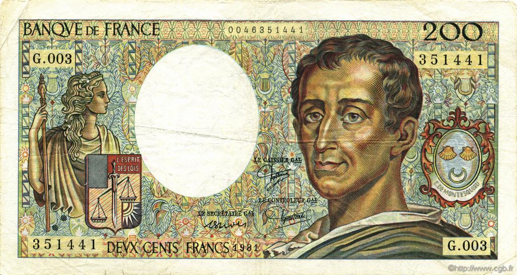 200 Francs MONTESQUIEU FRANCE  1981 F.70.01 VF-