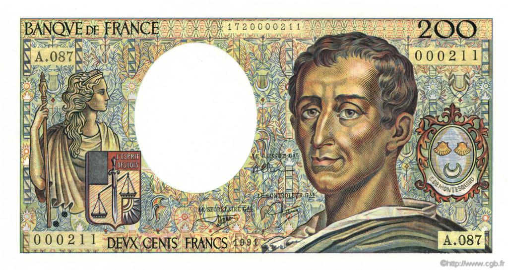 200 Francs MONTESQUIEU Petit numéro FRANKREICH  1991 F.70.11 ST
