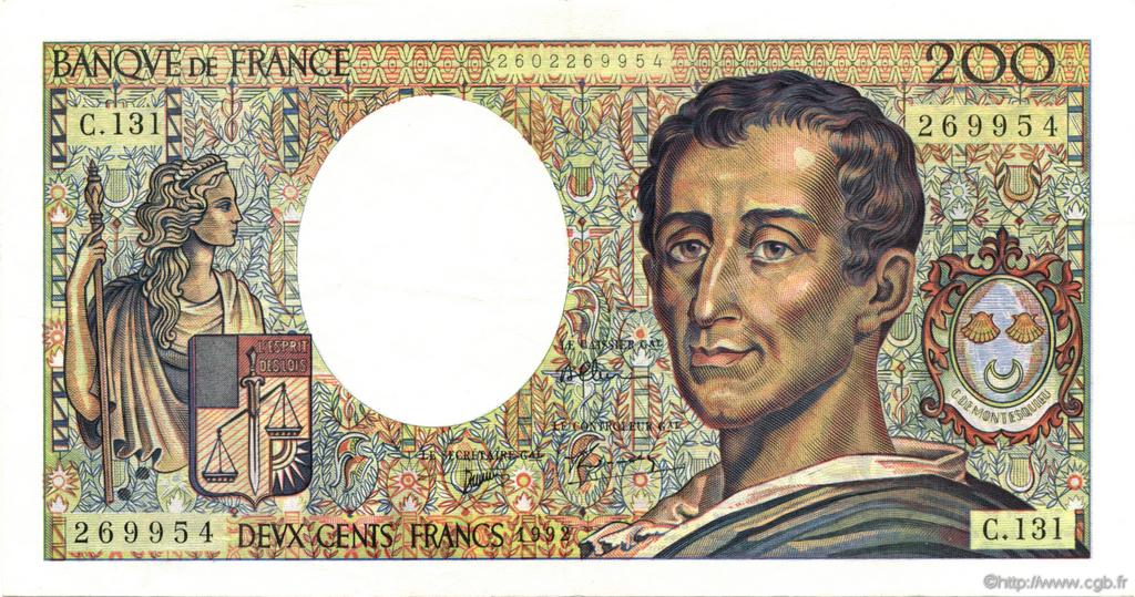 200 Francs MONTESQUIEU FRANCE  1992 F.70.12c XF