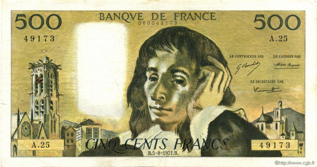 500 Francs PASCAL FRANCE  1971 F.71.06 VF-