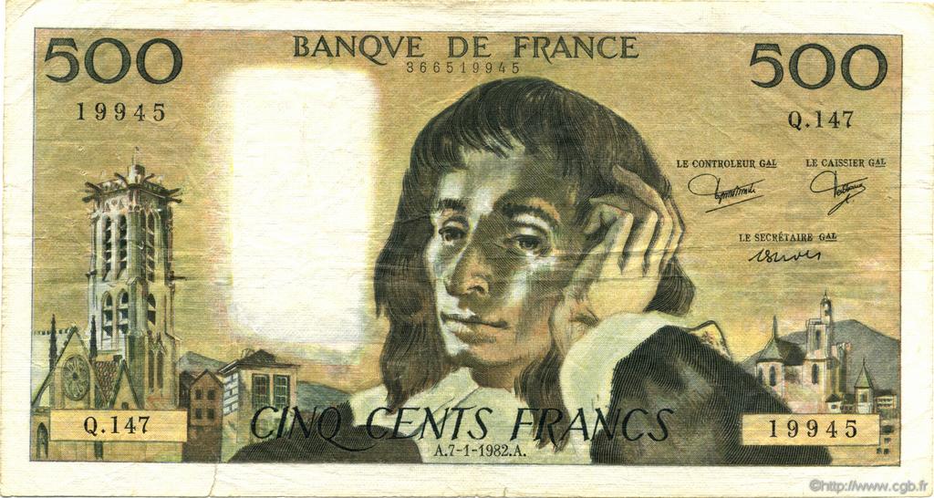 500 Francs PASCAL FRANCE  1982 F.71.26 F+