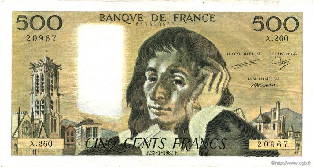 500 Francs PASCAL FRANCE  1987 F.71.36 VF+