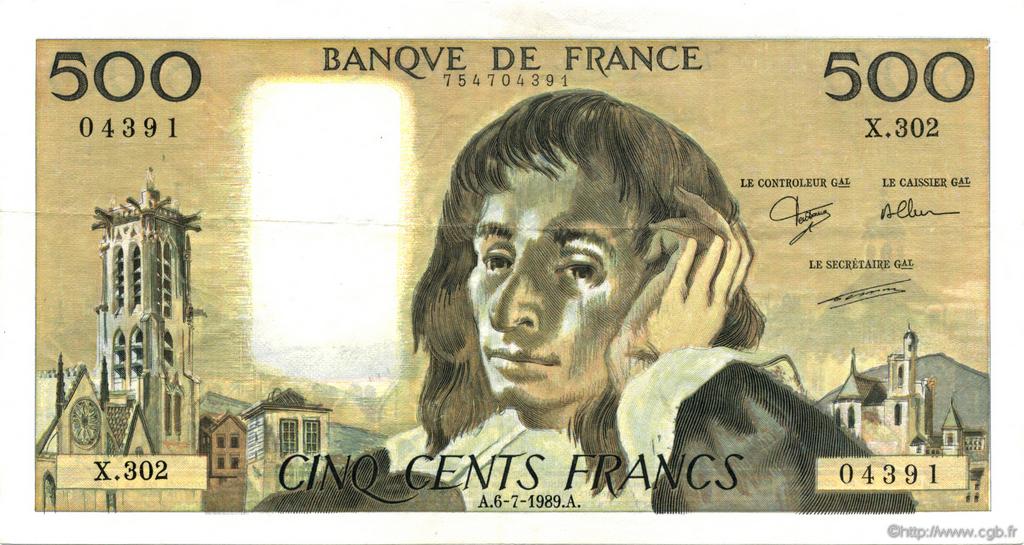 500 Francs PASCAL FRANCE  1989 F.71.42 XF+