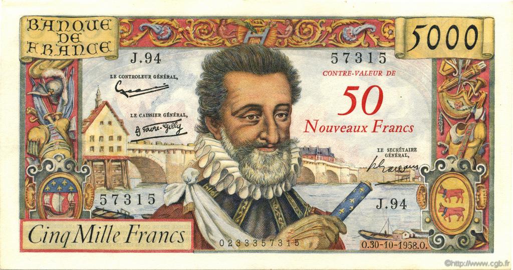 50 NF sur 5000 Francs HENRI IV FRANCIA  1958 F.54.01 EBC