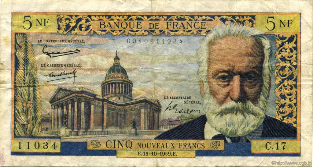 5 Nouveaux Francs VICTOR HUGO FRANCIA  1959 F.56.03 BC