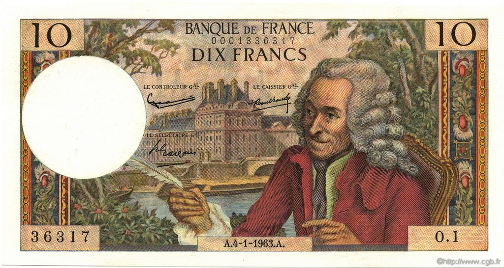 10 Francs VOLTAIRE FRANCE  1963 F.62.01 XF+