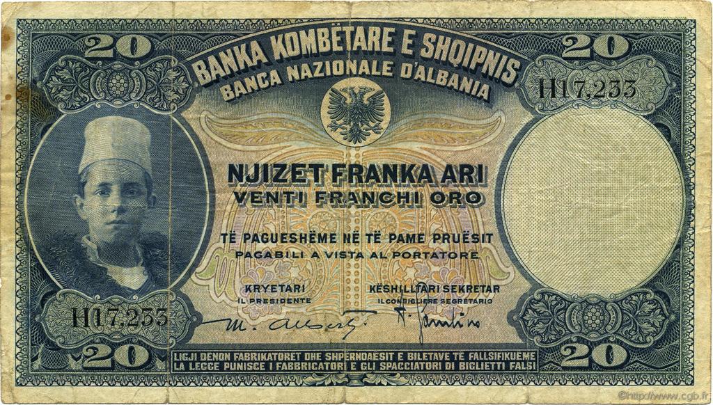 20 Franka Ari ALBANIA  1926 P.03a BC